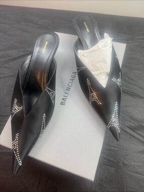 Balenciaga Black Satin Pointed-Toe Crystal-Embellished Mules